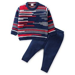 Babyhug Knitted Full Sleeves Striped Sweater & Pajama Set - Navy Blue