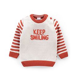 Babyhug Knit Full Sleeves Sweater Set With Text Embroidery - Orange & White