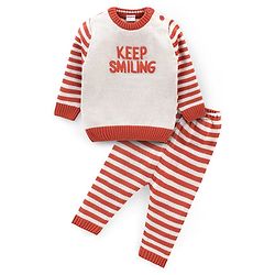 Babyhug Knit Full Sleeves Sweater Set With Text Embroidery - Orange & White