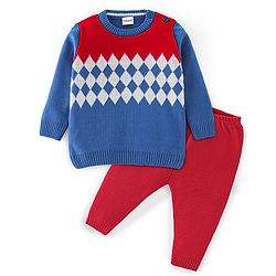 Babyhug Knit Full Sleeves Sweater Set Checks Design - Red & Blue