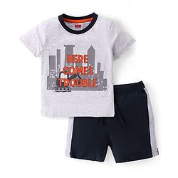Babyhug Cotton Knit Half Sleeves Night Suit City Print - Grey Melange & Navy Blue