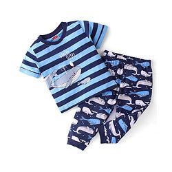 Babyhug Cotton Knit Half Sleeves Striped Night Suit Whale Print - Blue