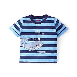 Babyhug Cotton Knit Half Sleeves Striped Night Suit Whale Print - Blue