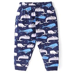 Babyhug Cotton Knit Half Sleeves Striped Night Suit Whale Print - Blue