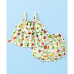 Babyhug 100% Cotton Knit Singlet Sleeves Checks & Fruits Printed Top & Shorts Set - Green & White