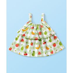 Babyhug 100% Cotton Knit Singlet Sleeves Checks & Fruits Printed Top & Shorts Set - Green & White