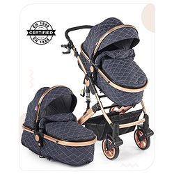 Babyhug Majestic Stroller Cum Carry Cot With Canopy - Blue Checked