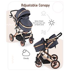 Babyhug Majestic Stroller Cum Carry Cot With Canopy - Blue Checked