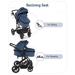 Babyhug Majestic Stroller Cum Carry Cot With Canopy - Blue Checked