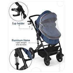 Babyhug Majestic Stroller Cum Carry Cot With Canopy - Blue Checked