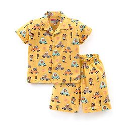 Babyhug Cotton Knit Half Sleeves Vehicle Print Night Suit - Yellow