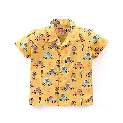 Babyhug Cotton Knit Half Sleeves Vehicle Print Night Suit - Yellow