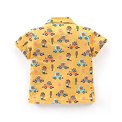 Babyhug Cotton Knit Half Sleeves Vehicle Print Night Suit - Yellow