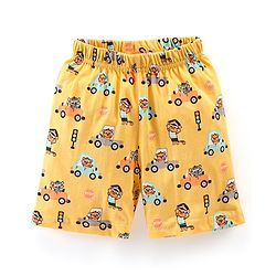 Babyhug Cotton Knit Half Sleeves Vehicle Print Night Suit - Yellow