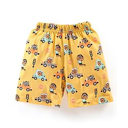 Babyhug Cotton Knit Half Sleeves Vehicle Print Night Suit - Yellow