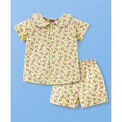 Babyhug Cotton Half Sleeves Night Suit Strawberry Print- Green