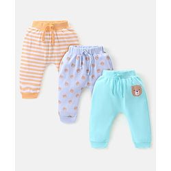 Babyhug Cotton Full Length Diaper Pants Stripes & Bear Print Pack Of 3- Blue & Orange