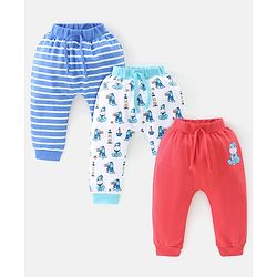 Babyhug Cotton Full Length Diaper Pants Stripes & Dino Print Pack Of 3- Red Blue & White