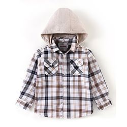 Babyhug 100% Cotton Full Sleeves Checks Two Pocket Shirt with Detachable Hood - White