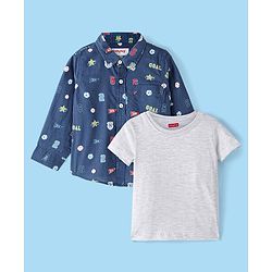 Babyhug Cotton Woven Full Sleeves Shirt with Inner Tee Sports Print - Navy Blue