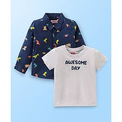 Babyhug Cotton Woven Full Sleeves Shirt With T-Shirt With Text & Animals Print - Navy Blue & White