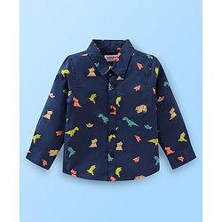 Babyhug Cotton Woven Full Sleeves Shirt With T-Shirt With Text & Animals Print - Navy Blue & White