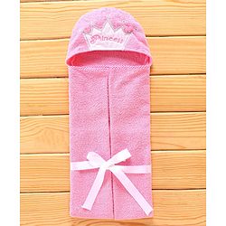 Babyhug Hooded Towel With Princess Embroidery - Pink