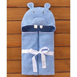 Babyhug Hooded Cotton Woven Towel with Hippo Embroidery- Blue