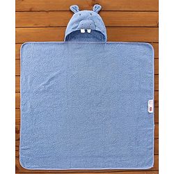 Babyhug Hooded Cotton Woven Towel with Hippo Embroidery- Blue