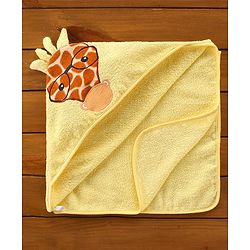 Babyhug Hooded Cotton Woven Towel with Giraffe Embroidery- Yellow