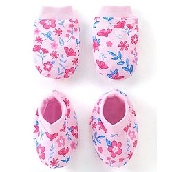 Babyhug 100% Cotton Knit Floral Print Mittens & Booties - Pink
