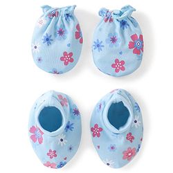 Babyhug 100% Cotton Knit Mittens & Booties Floral Print - Blue