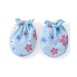 Babyhug 100% Cotton Knit Mittens & Booties Floral Print - Blue
