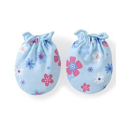 Babyhug 100% Cotton Knit Mittens & Booties Floral Print - Blue