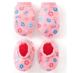 Babyhug 100% Cotton Knit Floral Print Mittens & Booties - Pink
