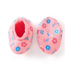 Babyhug 100% Cotton Knit Floral Print Mittens & Booties - Pink