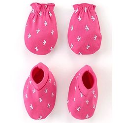 Babyhug 100% Cotton Knit Bow Print Mittens & Booties - Pink