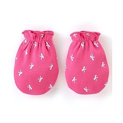 Babyhug 100% Cotton Knit Bow Print Mittens & Booties - Pink