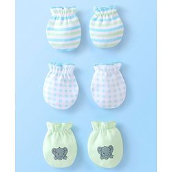 Babyhug 100% Cotton Knit Mittens Set Pack of 3 Striped & Elephant Print - Blue & White