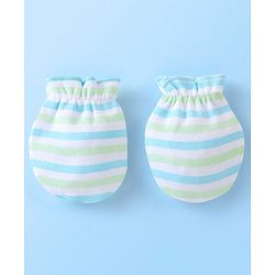 Babyhug 100% Cotton Knit Mittens Set Pack of 3 Striped & Elephant Print - Blue & White