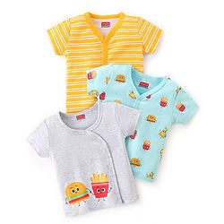 Babyhug 100% Cotton Half Sleeves Vests Stripes & Fries Print Pack of 3- Grey Blue & Yellow