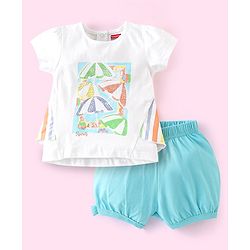 Babyhug 100% Cotton Knit Half Sleeves Top and Shorts Set Umbrella Print - White & Blue