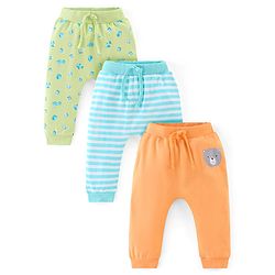 Babyhug Cotton Full Length Diaper Pants Stripes & Bear Print Pack of 3 - Orange Blue & Green