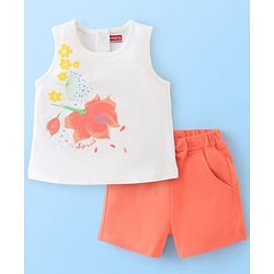 Babyhug 100% Cotton Sleeveless Top & Shorts Set Floral Print - White & Peach