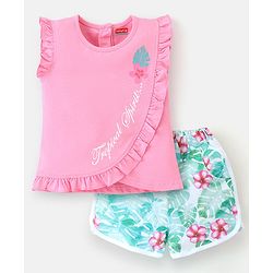 Babyhug 100% Cotton Single Jersey Knit Frill Sleeves Top & Shorts Set Floral Print - Pink & White