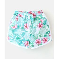 Babyhug 100% Cotton Single Jersey Knit Frill Sleeves Top & Shorts Set Floral Print - Pink & White