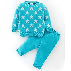 Babyhug Knit Full Sleeves Star Print Baby Sweater Sets - Blue