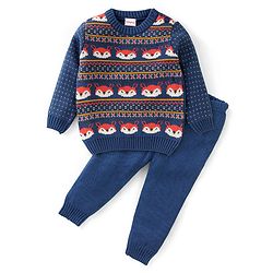 Babyhug Knit Full Sleeves Sweater Set With Fox Design - Navy Blue