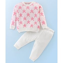 Babyhug Knit Full Sleeves Star Print Baby Sweater Sets - OffWhite