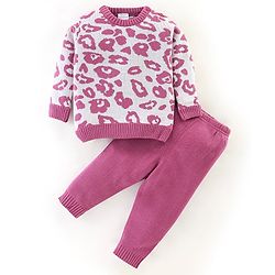 Babyhug Knit Full Sleeves Printed Baby Sweater Sets - Pink